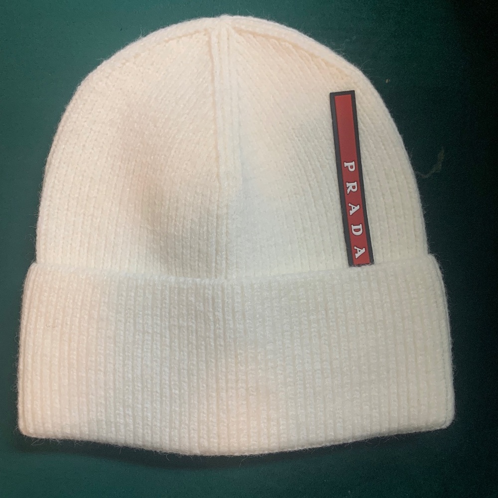 Prada Winter White Ribbed Knit Beanie
